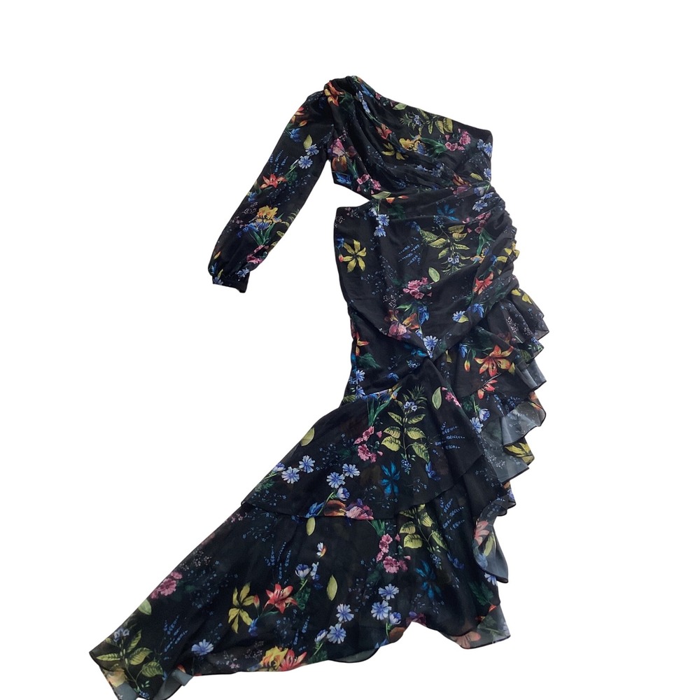 One-Shoulder Black Floral Ruffle Maxi Dress